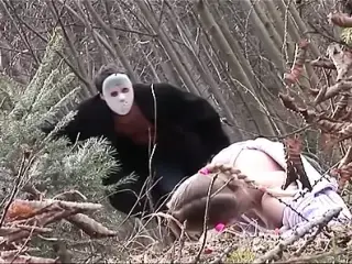 Blonde Babe Gets Slammed by Two Masked Guys After a Chase Through the Woods