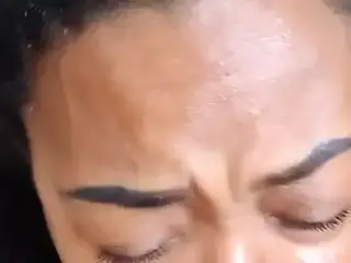 Hot Ebony Blasian deepthroats white cock till she spits out cum