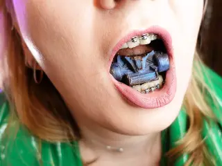 Mukbang - eating video - food fetish in braces close up - mouth tour and vore