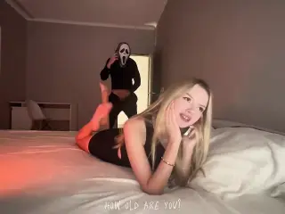 Hot Blonde with Big Tits Fucked Hard and Pissed Man in Scream Costume