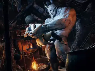 The ogre's huge cock stretches the girl's tight pussy.