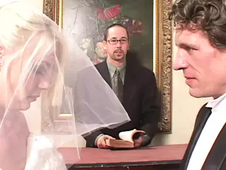 pervert husband let new married wife in wedding night fuck by two latex strangers