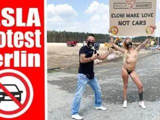 Nude protest in front of Tesla Gigafactory Berlin, Pornshoot