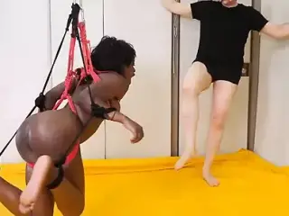 Throat fucked ebony sub is bound and tied