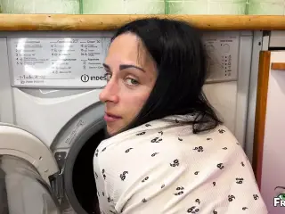 Stepson fucked Stepmom while she in inside of washing machine. Anal Creampie