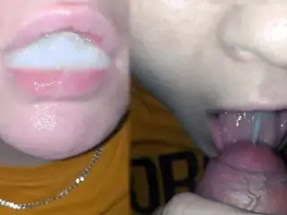 Swallowing mouthful of cum - close-up