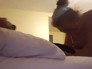Mature blonde eats cock