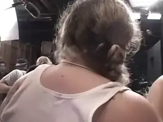 Blond with big boobs sucks cocks of very fat males then gets covered in jizz