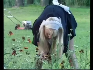 Lewd gardener proposes a blonde maid little fucking in the green grass