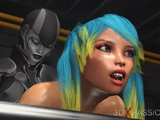 Sci-fi female android fucks girl with strapon in a spaceship