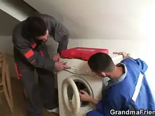 Two repairmen fuck cock-hungry old grandma