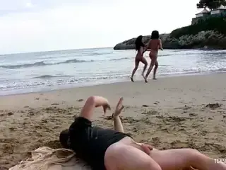 His beach day gets dirty as the brunettes ride his big cock