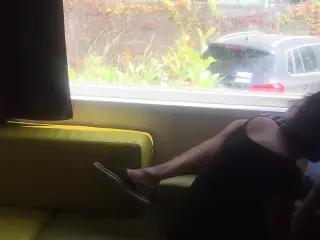 Wife giving risky blowjob in front of window in a camper van