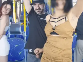 Naughty thigh hottie inside public transport and cums in her big ass