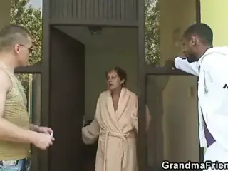 Old Grandma Takes Two Big Cocks From Both Sides