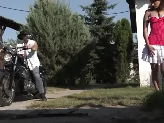 Biker stud spots a farm girl with her small tits out and stops for sex