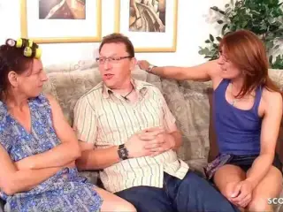 TWO GERMAN MATURES SEDUCE NERD NEIGBHOUR TO THREESOME SEX