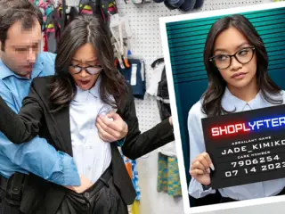 Nefarious Mall Cop Lays Down For A Young Asian Thief By Banging Her Pussy On His Desk - Shoplyfter