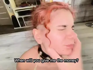 The redhead gets fucked hard in the mouth for his debts