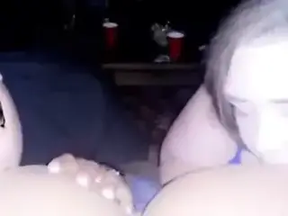 Guy and Girl sucking her titties at the same time