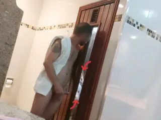 I found the naked milf in the sauna, I masturbate and get caught, the fuck was inside the sauna