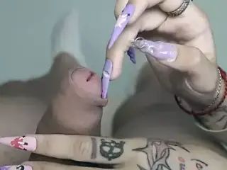 Long nails scratching cock, balls, foreskin and peehole