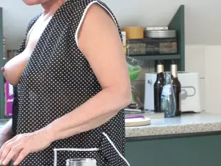 Mature older woman fucks with her younger freud deep and crass on the stove top until orgasm