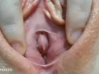 Wet pussy girl emits a lot of juice after Masturbation close up