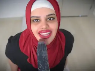 Arab StepMom Wearing Hijab Rides Dildo.