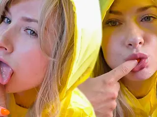 Girl in Raincoat Passionate Sucking Big Cock until Cum Mouth