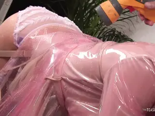 Blonde chick wears a raincoat while getting her cunt smashed
