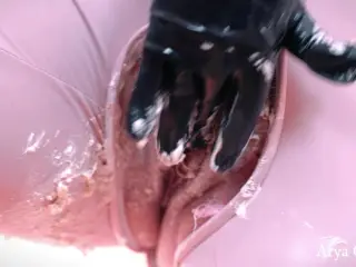 Pussy cake splosh food fetish, wet and messy, pvc catsuit