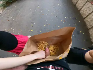 Public double handjob in the fries bag... I'm jerking it!