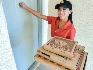 Pizza Delivery Asian Princess Gets Stuck In The Window & She Has To Suck 2 Unhelpful Dicks - TeamSkeet