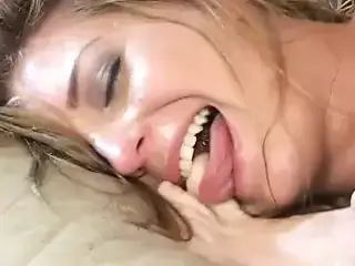 Brunette shoves whole stud's cock in her mouth then hides it in her pussy