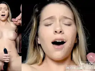 Perfect body babe takes HUGE facial while orgasming