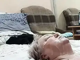 mother-in-law's face is all in cum after repeated endings in her mouth