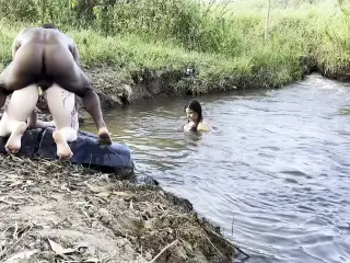 Outdoor sex sunbathing by the river I put two hot girls to suck and tore them both cumming inside