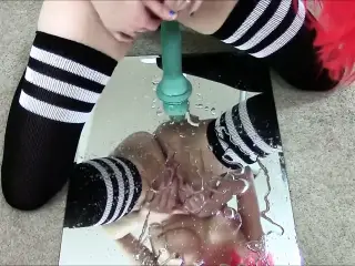 Beautiful metal baby riding dildo. Squirt on the mirror.