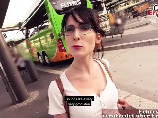 German Skinny student teen pickup at public bus station