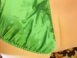 Fucking my panty friend in green satin bikini panties.