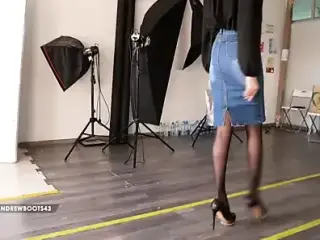 Bellas in black pantyhose mini skirt and heels