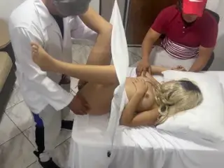 Pervert Poses as a Gynecologist Doctor to Fuck the Beautiful Wife Next to Her Dumb Husband in an Erotic Medical Consultation