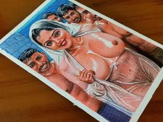 Erotic Art Or Drawing Of Sexy Indian Woman getting wet with Four Men